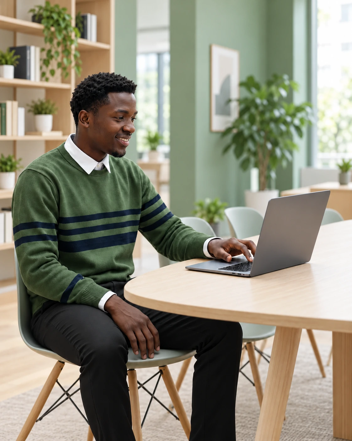 A business owner with natural hair, wearing a green sweater and black trousers, working on a laptop in a bright office.